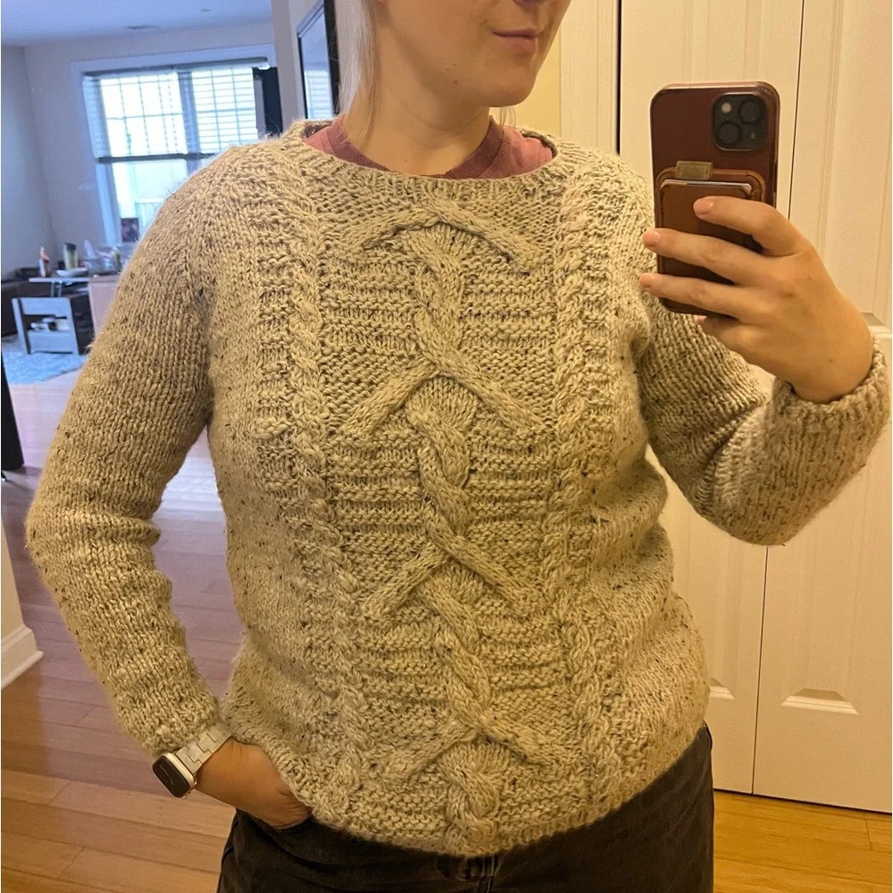 Handmade Wool Cable Knit Tan Natural Cozy Fall Crewneck Sweater
